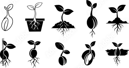Different artistic styles of sprouting plant icons