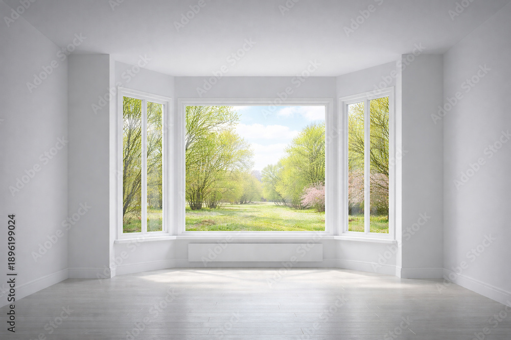 Fototapeta premium Minimalist Interior with Bay Window and Fresh Green April Spring Landscape