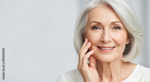 Elegant older woman with radiant skin and gentle wrinkles, showcasing health and wellbeing.