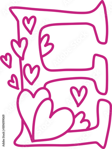 E monogram letter hand drawn with hearts. Pink alphabet symbol isolated on white.