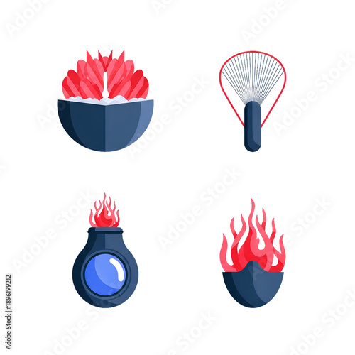 Pixel Art Collection Four Distinct Icons Fiery Plant Orb and Abstract Head Isolated Transparent Background