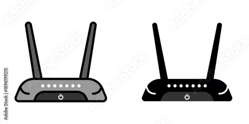 Wireless wifi router icon set, front view home network modem with two antennas and status indicator lights, black and gray vector illustration for internet connection, broadband, wireless technology.
