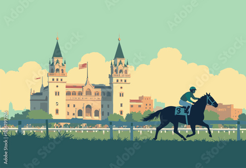 Flat travel poster Louisville, Kentucky twin spires Churchill Downs silhouetted against green gold sky