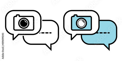 Photo chat message icon set, overlapping speech bubbles with camera symbol and dotted text line, black outline and blue fill, modern vector illustration for photo sharing, messaging, social media.