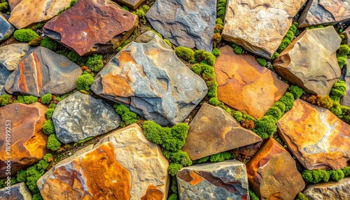 Brown, orange, grey, green stone. Irregular natural flagstone floor with moss accents and varied earthy colors for rustic outdoor patio and landscape architecture design.
