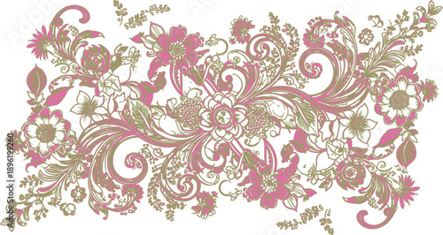 Seamless  damask ornament featuring an abstract floral pattern with purple and pink swirls on a victorian vector illustration backdrop for ornate wallpaper design