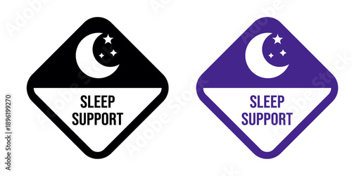 Sleep support label icon set, moon and stars night symbol inside diamond badge, black and purple vector illustration with SLEEP SUPPORT text for supplement packaging, health products and wellness bran