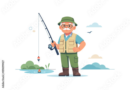 Elderly man fishing by the lake in nature scene, flat vector illustration