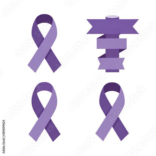 Purple Awareness Ribbons and Banner Icons Isolated Transparent Background