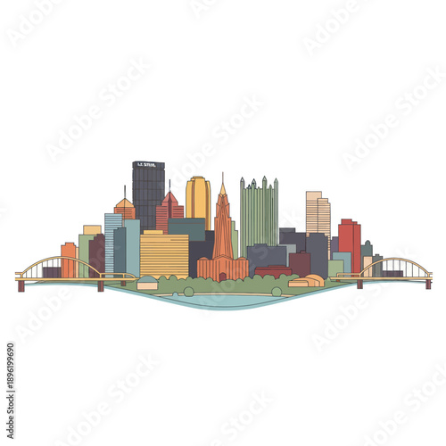 Colorful Pittsburgh Skyline Illustration with Bridges and River