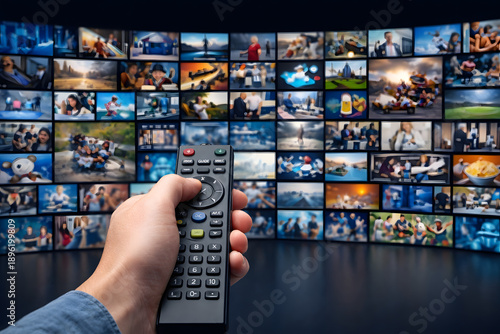 Hand holding television remote control facing massive streaming video wall, smart home entertainment technology concept with multiple screens, digital media consumption background, online movie platfo