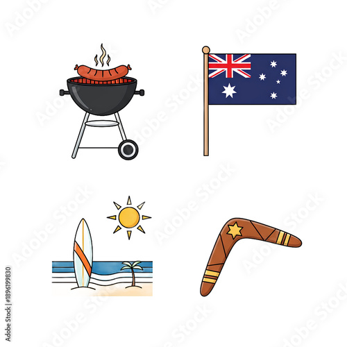 Set of Australian Icons Including Barbecue Grill With Sausages Australian Flag Surfing Beach Scene With Palm Tree and Sun and Wooden Boomerang Isolated Transparent Background