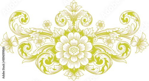 described features an ornate decorative design characterized by its soft olive green color set against a clean white background. This color choice creates a gentle contrast, allowing the intricate det