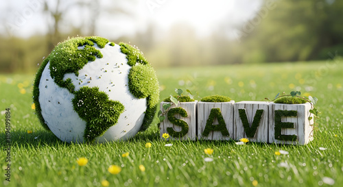 A lush green globe and the word 'SAVE' spelled out in mossy cubes, symbolizing environmental conservation and ecological awareness in a beautiful outdoor setting