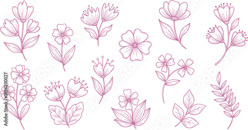  described features a cohesive set of floral sketches rendered in purple against a crisp white background. This color combination creates a striking contrast, allowing the floral designs to stand out 
