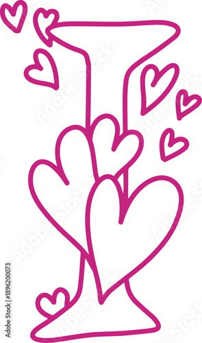 I monogram letter hand drawn with hearts. Pink alphabet symbol isolated on white.