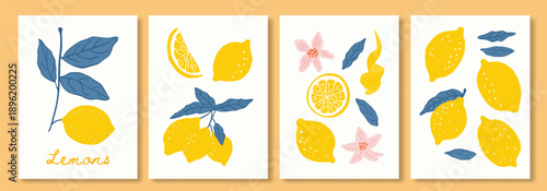 Set of citrus fruits abstract poster. Contemporary print with hand drawn lemon,blue leaves and flowers. Dolce vita aesthetics. Italian summer vacation. Elegant design for card, banner, menu, cover.