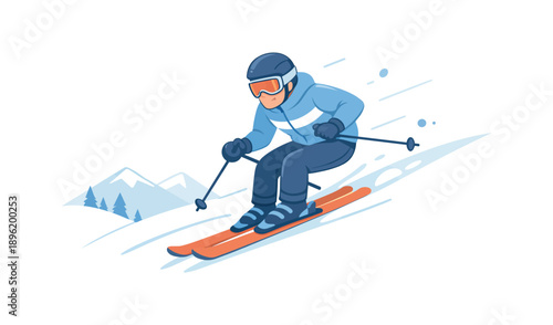 Man skiing downhill in winter gear, flat vector illustration