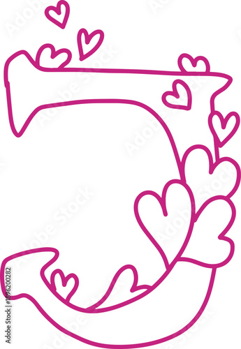 J monogram letter hand drawn with hearts. Pink alphabet symbol isolated on white.