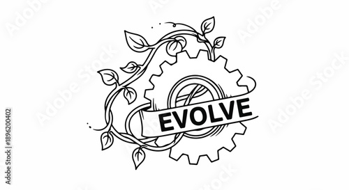 Evolve concept: gear with growing plant and banner, symbol of growth, change, and sustainable development
