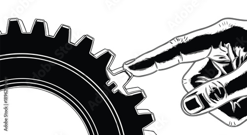 Close-up of a hand touching a large black gear, symbolizing industry, mechanics, and precision engineering in a monochrome style.