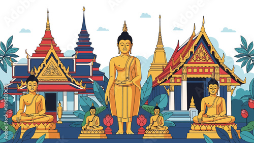Golden Buddha Statues and Intricate Pagoda Temples in a Serene Thai Cultural Landscape, Reflecting Ancient Spiritual Traditions and Asian Heritage