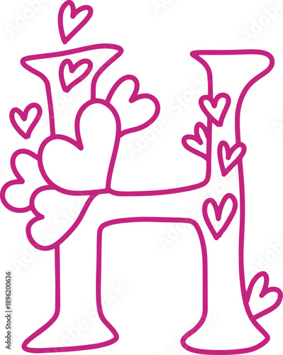 H monogram letter hand drawn with hearts. Pink alphabet symbol isolated on white.