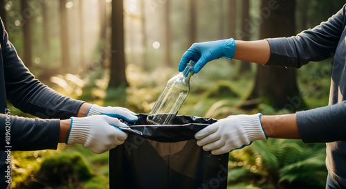 Hands in protective gloves carefully collect a discarded glass bottle from the lush forest floor, emphasizing active environmental conservation and nature cleanup efforts
