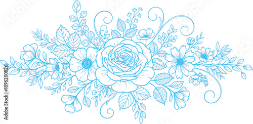 described features a light blue line drawing of a floral arrangement, characterized by its delicate and ornamental style. At the center of the composition is a rose, which serves as the focal point du