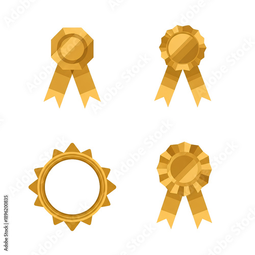 Set of Four Golden Ribbons Awards Medals with Serrated and Octagonal Shapes Isolated Transparent Background