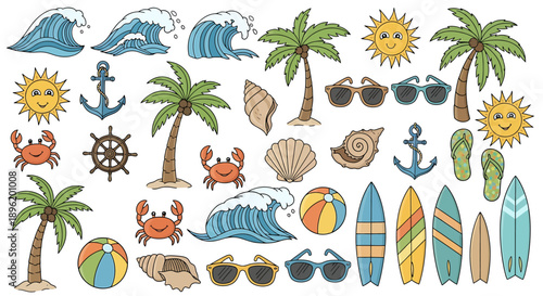 A vibrant collection of summer beach vacation icons featuring waves, palm trees, sunglasses, surfboards, anchors, and crabs for a tropical getaway theme