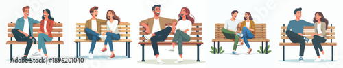 vector couple sitting on park bench joking together