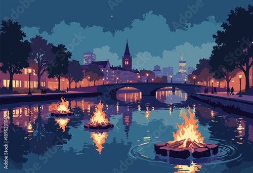 Vertical retro poster Providence, Rhode Island WaterFire art installation braziers river glowing night Flat