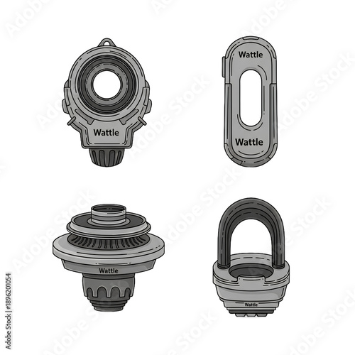 Set Of Four Gray Objects With Intricate Details And Textured Surfaces Featuring Circular And Rectangular Shapes Displaying Mechanical And Industrial Design Elements Isolated Transparent Background