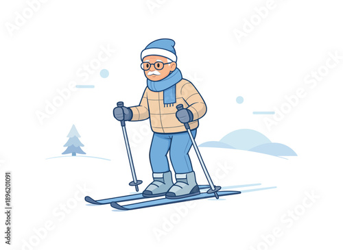 Elderly man skiing in winter scene, flat vector illustration