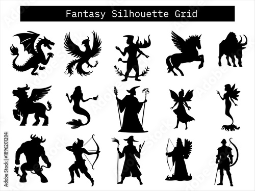 Dynamic silhouettes of dragons, phoenix, centaurs, mermaids, wizards, fairies, archers, and warriors, ideal for fantasy-themed artwork, storytelling, and game design.