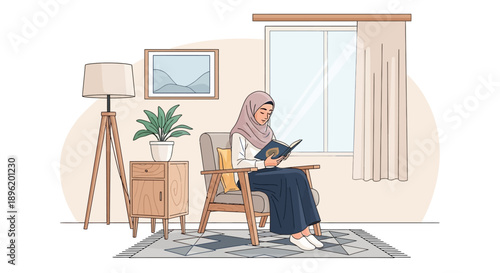 Young Muslim woman in hijab reading book in cozy living room, relaxing at home