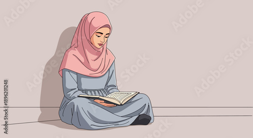 Young Muslim woman in hijab reading book, sitting on floor, peaceful contemplation