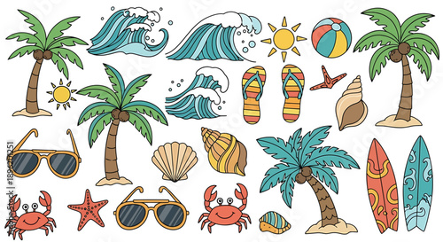 Cheerful hand-drawn summer beach collection featuring tropical palm trees, ocean waves, surfboards, sunglasses, and playful seaside accessories for holiday designs
