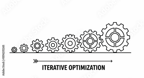 Iterative optimization concept illustration with growing gears in a line, symbolizing progress and development