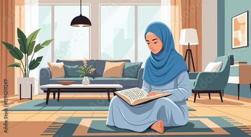 Young Muslim woman in hijab reading Quran at home, peaceful atmosphere