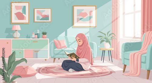 Young Muslim woman in hijab reading Quran in cozy living room, peaceful atmosphere