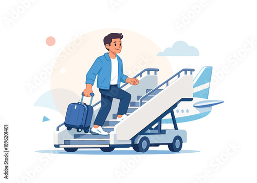 Man descending airplane stairs with luggage, flat vector illustration