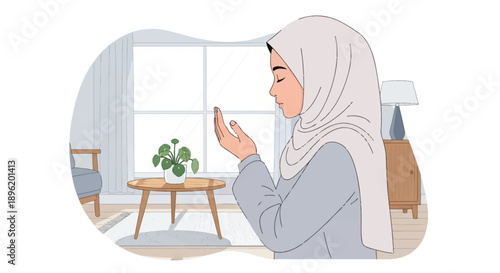 Young Muslim Woman Praying at Home, Wearing Hijab, Peaceful Atmosphere