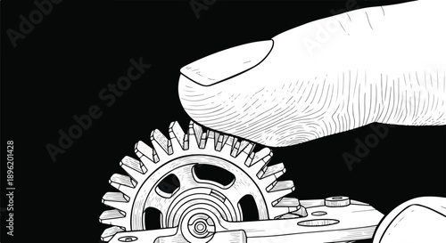 Detailed illustration of a human finger adjusting a tiny gear in a complex mechanism, representing precision, craftsmanship, and mechanical work.