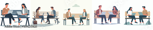 vector of man and woman sitting on a park bench with a laptop discussing