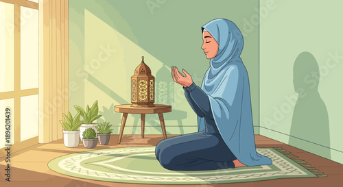 Young Muslim Woman Praying at Home, Wearing Hijab, Peaceful Prayer Scene