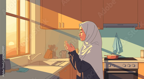 Young Muslim Woman Praying at Sunrise in Kitchen, Wearing Hijab