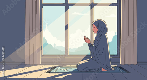 Young Muslim Woman Praying by Window in Morning Light, Peaceful Spiritual Moment