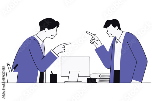 Flat vector illustration of two businessmen arguing and pointing fingers in office conflict scene